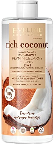 EVELINE COSMETICS Agua Micelar de Coco Rica + Tónico Hidratante 2 en 1 para Todo Tipo de Piel Desmaquillador Producto de Base Orgánica Fórmula Vegana 96% Natural Día y Noche 500ml