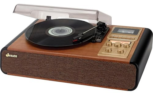 Jensen JTA-385 JTA-385 Tocadiscos de transmisión por Correa de 3 velocidades con Control de Paso, Reproductor de Cassette/Grabador, Radio estéreo Am/FM y Altavoces Integrados