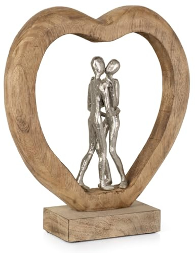 Moritz The Path 35 cm Silber – Mangoholz Liebespaar Skulptur Herz Hochzeit | Aluminium-Paar auf Naturholz-Sockel, Handarbeit und Unikat, Geschenkidee zu Jahrestag oder Valentinstag, für Regal