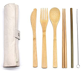 Shiwaki Ustensiles en bambou,ensemble de couverts-ustensiles en bambou portables écologiques réutilisables,ensemble de couverts de voyage sans ensemble avec sac de rangement portable (rouleau beige)