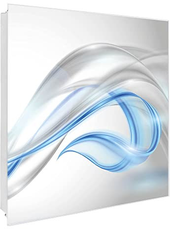 banjado Großer Schlüsselkasten Glas - Schlüsselbox 30x30cm mit 50 Haken - Schlüsselkasten modern für Schlüsselaufbewahrung mit beschreibbarer, magnetischer Glastür - Motiv Blaue Welle