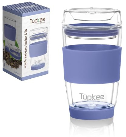 Tupkee Glastumlare med dubbla väggar – 237 ml, helt glas återanvändbar isolerad te-/kaffemugg och lock, handblåst resemugg i glas – Jacaranda