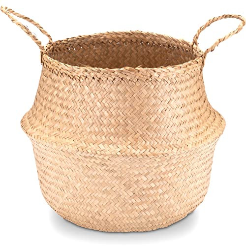 Decorasian Panier abdominal tressé en jonc de mer grand et petit – Panier en paille ou en raphia – Panier en herbe de mer avec anse à transporter – 35 cm, Naturel, D=35cm