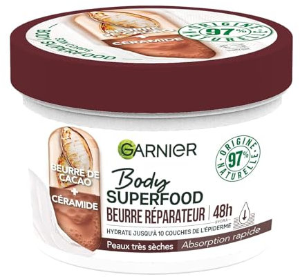 Garnier - Body Superfood - Crème Soin Corps Réparatrice - Hydratation 48H - Formule Vegan & à 97% d'Origine Naturelle - Au Beurre de Cacao & Céramide - Pour Peaux Sèches - 380 ml