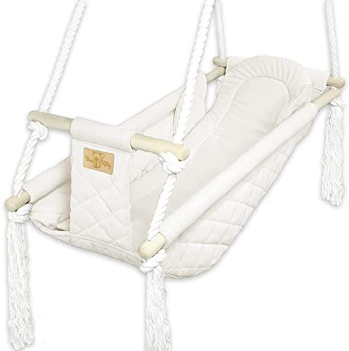 Wiege für Baby Kinderschaukel Holzschaukel Schaukel Gestell Holz Baumwolle Stoffschaukel Ecru Kinderspielzeug Haus Garten Sitz Kleinkind Baby ab 2 Monaten
