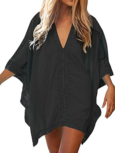 Justay Comf Damen Strandkleid mit Spitze Strandponcho Strandkleider V-Ausschnitt Sommer Bikini Cover Up Badeanzug Bedecken Pareos Bademode Sommer