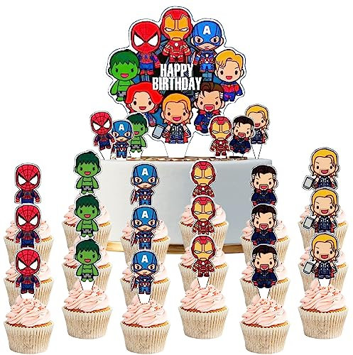 25Pcs Superhero Iron Man Captain America Spider Cake Toppers,Birthday Cake Toppers,Boys Super Hero Birthday Cake Decorations Cupcake Toppers for Boys,Kids Birthdays Marvel Party Supplies