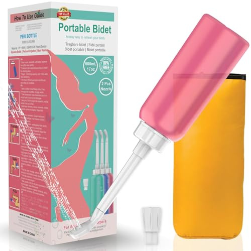 Portable Bidet with 2 Nozzle + Scalable Tube - 500ml Travel Bidet - Perineal Wash Bottle for Postpartum Care 17oz Handheld Personal Bidet Peri Wash Bottle -Intimate Wash for Women