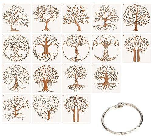 IOSPKKIO® 16 Stück Baumschablonen Baum des Lebens Schablone zum Malen auf Holz Airbrush Enthält Ring aus Eisen, natürliche Pflanzen kleine Palme Zeichenvorlagen