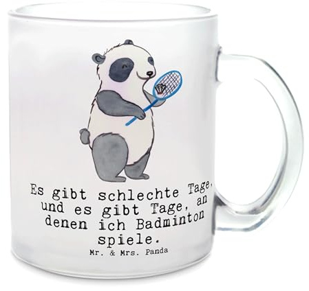 Mr. & Mrs. Panda Teetasse Panda Badminton - Geschenk, Glas Teetasse, Teeglas, Tasse mit Henkel, Danke, Sportart, Sport, Teebecher, Badminton Spielen
