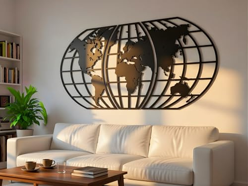 VAILLA ® Mappa del mondo, Decorazione da parete in legno, decorazione da parete in nero, oro, 3D, decorazione da parete per casa, ufficio, camera da letto, soggiorno (Mappa del mondo 2)
