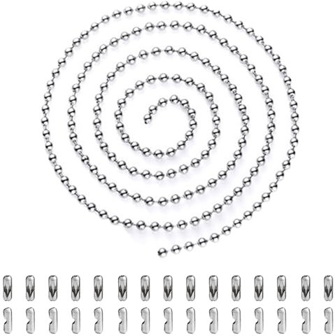 TRKETK 5 Meter Kugelperlenkette, Silberne Metallperlenkette Perlenrollo Zugkette Verlängerung Metallperlen Rollokette mit 30 passenden Anschlüssen (3.2 mm, Silber)