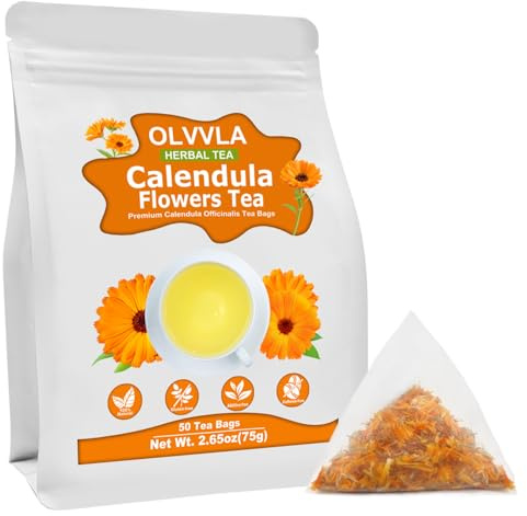 Olvvla - Natural Calendula Flowers Tea Bags - 1.5g X 50 Count - Premium Calendula Tea - Non-GMO - Caffeine-free - Dried Calendula Herbal Tea - Rich in Antioxidants & Promote Relaxation