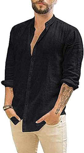 Camisa de Lino Camisa de Lino de Manga Larga para Hombre Camisa Casual Ajuste Negocios Casual Vacaciones Negro XL