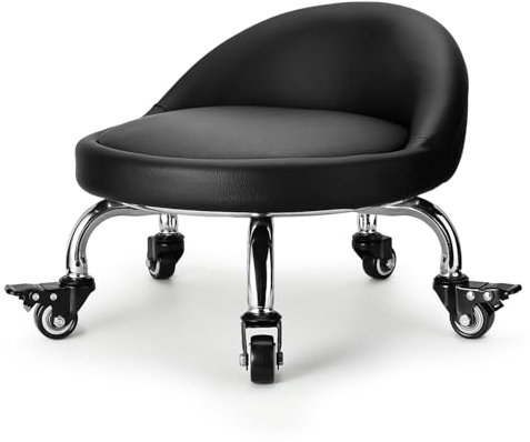 LWADALN Rollhocker mit Rückenlehne, niedrige Höhe, Rollhocker mit PU-Leder, Rollstuhl, Rollsitze für Zuhause, Büro, Garage, Geschäft, Bibliothek