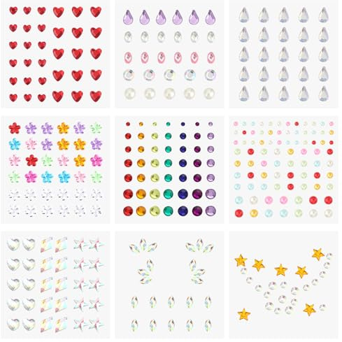 GEEHUA 9 Blatt Selbstklebende Gesichts Edelstein Aufkleber, Gesichts Glitzer bunte Juwelen Strasssteine für Make up Haare Edelsteine Herzen Stern Aufkleber für Gesicht Augen Nägel Körper Basteln(A)