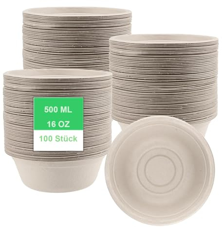 HEIYUET 100 Stück Pappe Suppenteller 500ml, Pappe Suppenschalen Einweg Zuckerrohr Schüsseln, Papier Suppen Schüsseln Braun Suppenschüsseln Pappschalen für Party, Geburtstag, Camping, Grillparty, Fest