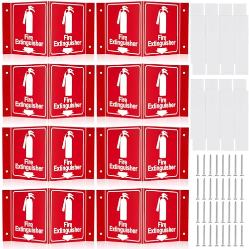 Soaoo 8 Sets 3D Fire Extinguisher Projecting Sign Acrylic Angle Rigid Arrow Down Fire Extinguisher Sign with Pre Drilled Mounting Hole, Screw with Washer Double Sided Tape for Indoor Outdoor Wall