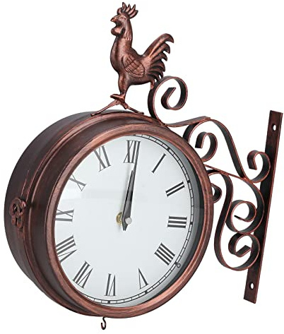 Orologio da parete con gallo in ferro battuto, orologio da parete bifacciale, numeri romani in ottone antico, orologio rotondo, decorazione da giardino