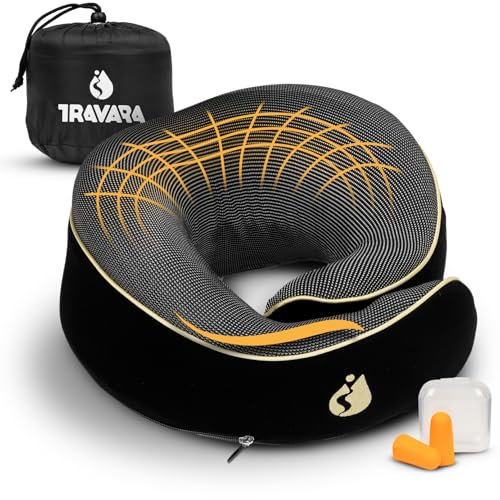 TRAVARA Nackenkissen Flugzeug - Memory Foam - Kompakter Reisekissen für Lange Flüge - Nackenhörnchen Erwachsene - für Auto - Flugzeug Kissen - Ihr Essentialer Reisebegleiter