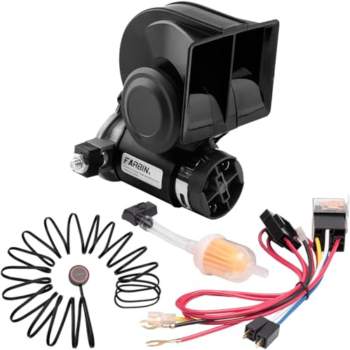 FARBIN Lufthorn Hupe mit kompressor 12V Air Horn für PKW LKW Motorrad Auto | Integrierter Luftkompressor, kompakt mit kräftigem Klang, Schalter & Relais-Kabelbaum inklusive, für alle 12V-Fahrzeuge