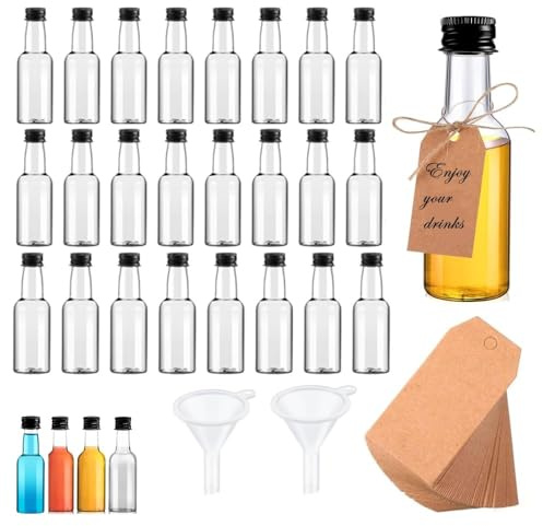 JOZMMZEOOA 24 Kleine Flaschen 50 ML Likörflaschen Mit Schwarzem Schraubverschluss, 2 Trichter Klein, für Leeres Befüllen