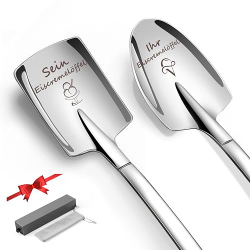 Hochzeitsgeschenke für Brautpaar,2 Stück Eislöffel mit Gravur,Sein und Ihr Eiscremelöffel,Hochzeitstag Paare Valentinstag Geschenk für Ihn und Sie für Frauen Männer