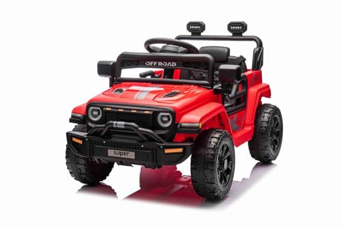 Offroad New elbil för barn med bakhjulsdrift, röd, litiumbatteri, hög ram, stort säte, bakfjädring, 2,4 GHz fjärrkontroll, MP3-spelare med USB/AUX, LED-lampor