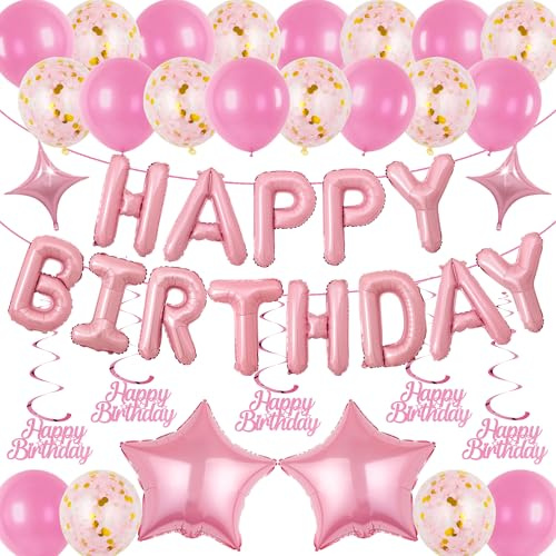 Sroeeshee Happy Birthday Balloon Decoration - Pink Happy Birthday Letter Star Foil and Confetti Latex Balloons, Hanging Swirls Decor Party Supplies for Adults Kids Girls Boys Men Women
