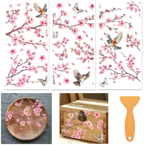 beinkmake 3 Sheets Flower and Butterfly Rub on Transfers for Crafts and Furniture 12×6inch Peach Blossom Birds Furniture Transfer Stickers for Wood Furnishings Cabinet Dressers Home Decor