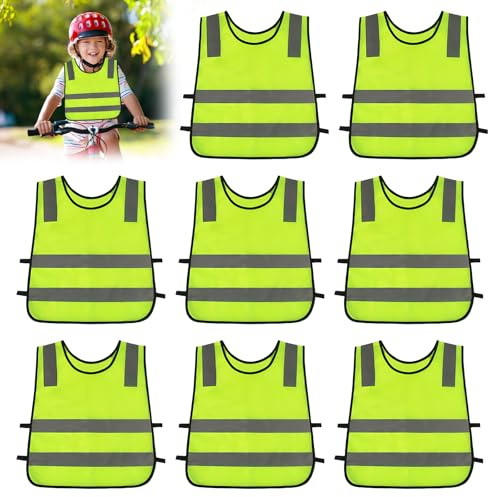 WIYETY Lot de 8 gilets haute visibilité pour enfants : gilet de sécurité léger, gilet haute visibilité pour enfants, taille universelle, gilet de signalisation réfléchissant pour garçons