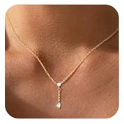 DIFOMI Gold Necklaces for Women, Dainty 14K Real Gold Plated Y-Shaped Necklace CZ Drop Chain Pendant Necklace Trendy Jewelry Gifts for Women