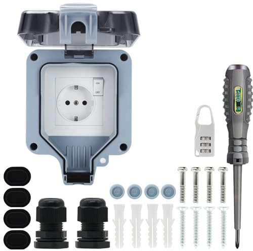 Enchufe de Exterior Impermeable Toma de Corriente IP66 con Interruptor doble conexión,Conector de Cable y Tapa Abatible,para Cocina Baño Garaje Piscina y Jardín (MPG1-GSN, 1 Piezas)