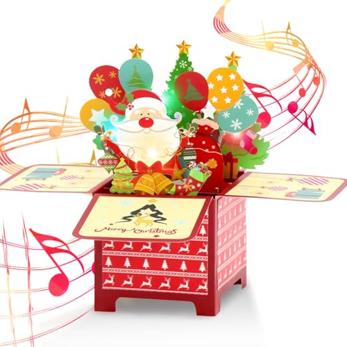 3D Weihnachtskarten Pop Up Karte mit Musik und Licht Weihnachtsmann Weihnachtsbaum Ballons Laser Cut Papier Umschlag Festliche Überraschung Weihnachtskarte für Familie Freunde Geschenk