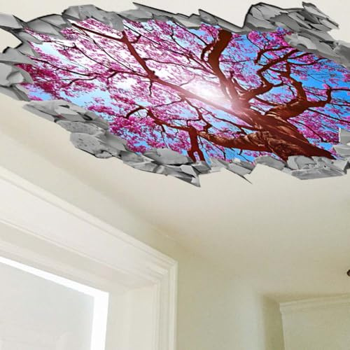 SUPERDANT Adesivo da Parete Albero di Ciliegio in Fiore Adesivi Murale 3D Rompere Attraverso Il Muro in Vinile Decorazione Murale per Camera Da Letto Soggiorno Sala Giochi 140x75CM