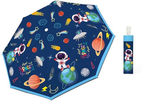 alldomess Automatic Kids Umbrella Portable, Folding Compact Kids Parasol Uv Protection for Girls Boys, Windproof Childrens Umbrella Outdoor Travel Lightweight for Toddler, Blue Astronaut