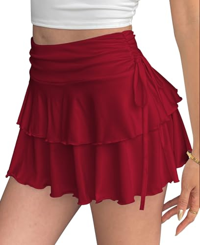 Adigau Damen Minirock Kurz Elegant Plisseerock Faltenrock Sexy Rock High Waist Sommerrock A Line Stretch Freizeitrock Casual Tennis Rock Party Outfit Dunkelrot S