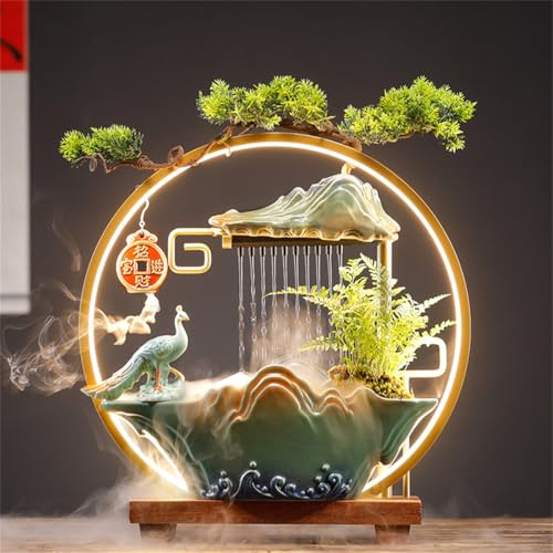 Indoor Water Fountain with LED Mist Light, Zen Garden Decor for Wealth and Luck, Feng Shui Waterfall
