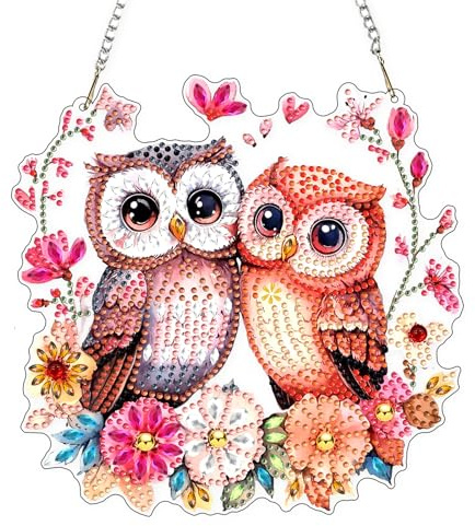 AIRDEA DIY Two Owls Diamond Art Ornament Kit for Adults, Double-Sided Flowers Tree Branch Diamond Painting Hanging Kit, DIY Acrylic Special Shaped Drills Hanging Suncatcher 8x8 inch