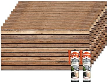 IZODEKOR Wandverkleidung Holz Styropor 3D Wandpaneele - Akustikpaneele Holzoptik Wanddeko für Küche, Badezimmer, Balkon, Schlafzimmer, Wohnzimmer | Dunkles Holz | 10x Paneele mit 2x Montagekleber