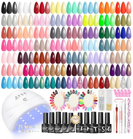 PEACECOLOR 73PCS Gelnagelset Med Lamp Nagelset Gelnaglar Startset, 55 Färger Vit Rosa Röd Lila UV Nagellackset Och Glansig Matt Glitter Bas- Och Topplack Manikyrsverktyg För Nybörjare