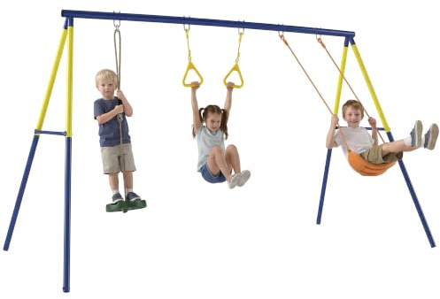 AIYAPLAY Schaukelgestell 3-in-1 Kinderschaukel für 3-8 Jahre 285x160x181 cm | Bis 150 kg, Klassische Schaukel, Turnringe, Stehschaukel, Outdoor Schaukelgerüst, Stahlgestell, Gartenschaukel