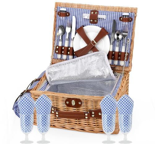 Jradse Set Premium Cesto da Picnic in Vimini per 2 Persone, con Scomparto Termico, Cinturino Regolabile, Piatti, Bicchieri, Posate, per Campeggio, Attività all'Aperto, Gite di un Giorno, Spiaggia, Blu