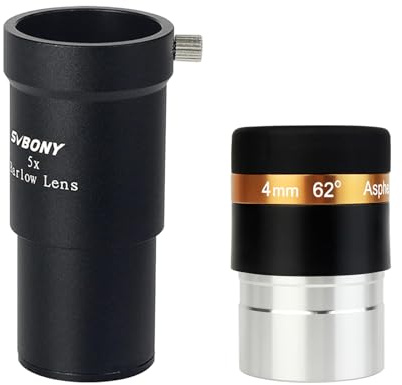 Svbony Barlowlinse 5X mit Okular Teleskop 4mm, Aluminiumlegierung Barlow und 62 Grad Weitwinkel Okular,1,25 Zoll Full Multi Coated Teleskop Zubehör für Planetenbeobachtung