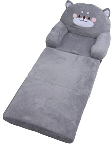 SIXRUN Barnsoffa Hopfällbar Småbarnsstol Tecknad grå Hundstil, Tyg och Svamp Minisoffa med Breda Handtag, Andningsbar Mjuk Sits för Läsning Avkopplande Sömn (3 nivåer)