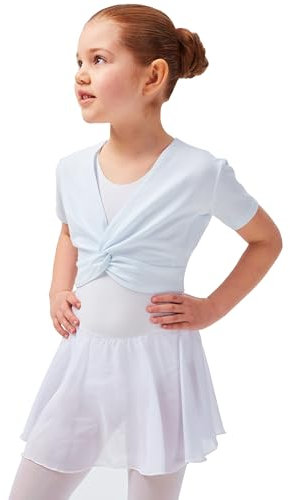 tanzmuster Kinder Ballett Kurzarm-Top Madita mit Twist (Wickeloptik) - aus sehr weichem und festem Baumwollstoff - in weiß, Größe:116/122