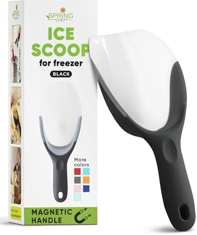 Spring Chef Magnetic Ice Scoop for Freezer - BPA-Free Flexi-Plastic Popcorn Scoop with Soft Grip Handle - Dishwasher Safe Ice Scooper - Kitchen Food Scooper for Flour, Grains, Candy, Pet Food - Black