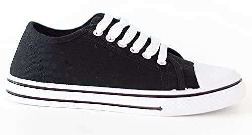 Ladies Unisex Flat Casual LACE UP Girls Pumps Canvas Plimsolls Womens Trainers Shoes Gym Sports Trainers Lightweight Comfortable PE Black White 5 UK