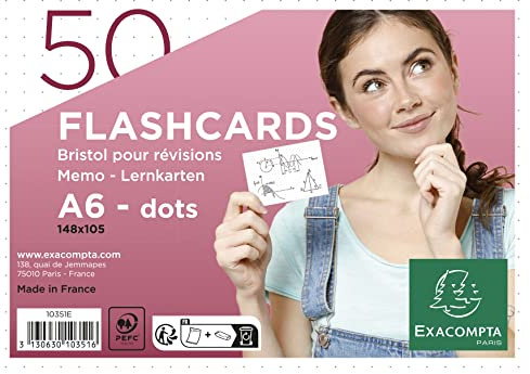Exacompta 10351E 50er Pack Karteikarten gepunkted DIN A6 ideal für die Schule, zum Lernen von Vokabeln Flashcards Memo Lernkarten Lernkartei 148 x 105 mm weiß