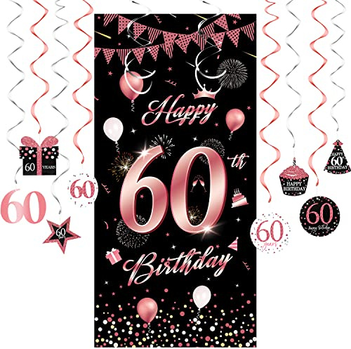 60. Geburtstag Deko für Frauen Roségold Pink Banner 60 Geburtstag Geburtstagsbanner 60 Happy Birthday Geschenk XXL mit 60th Birthday Spiralhänger